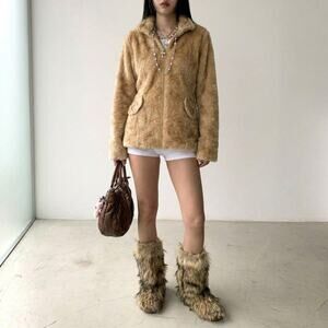 Furry Cropped Coat Model Off Duty Rockstar Girlfriend Y2K